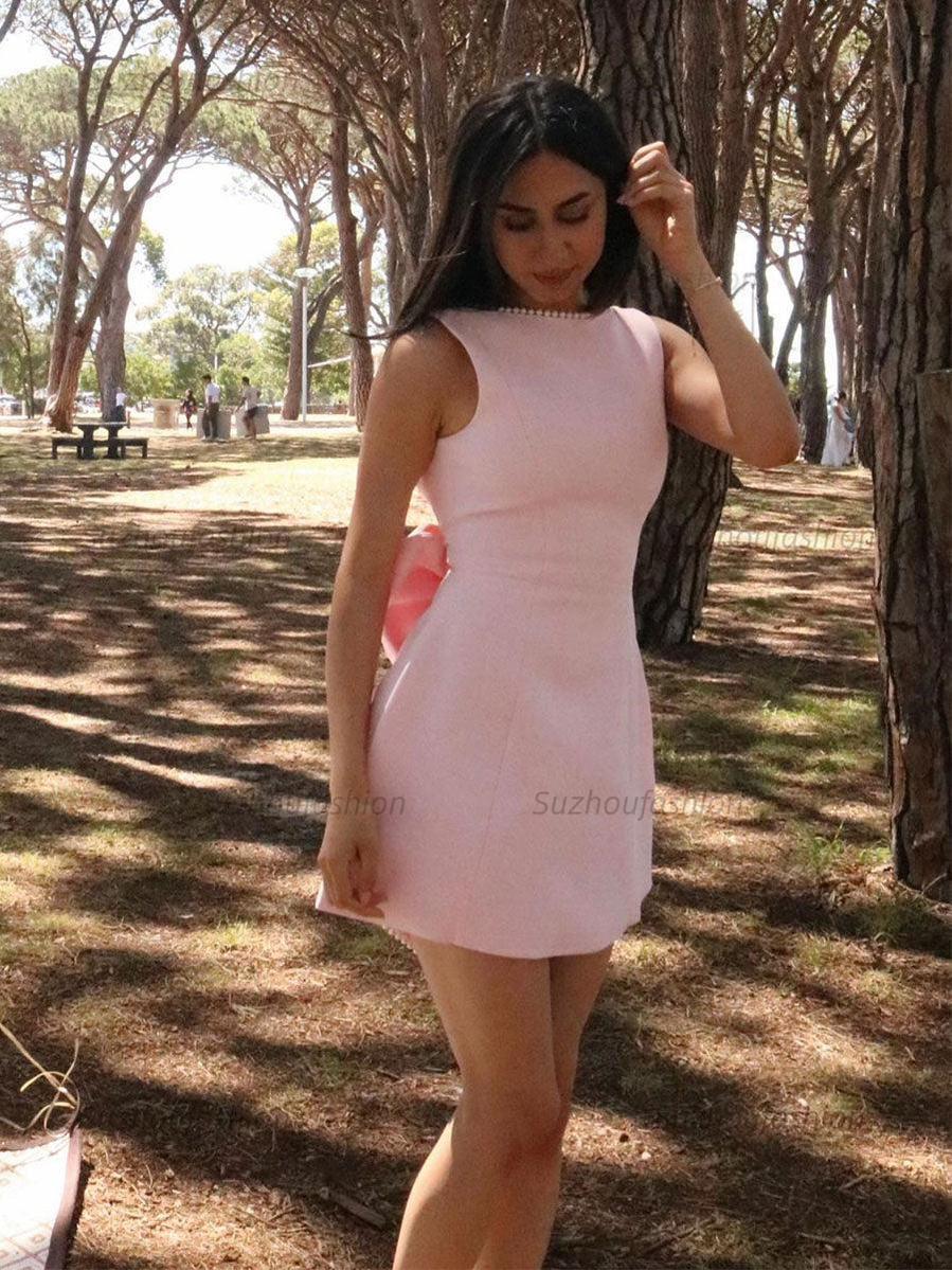 Suzhoufashion Light Pink Bow A-line Pearls Mini Dress Gown Homecoming Party Dresses