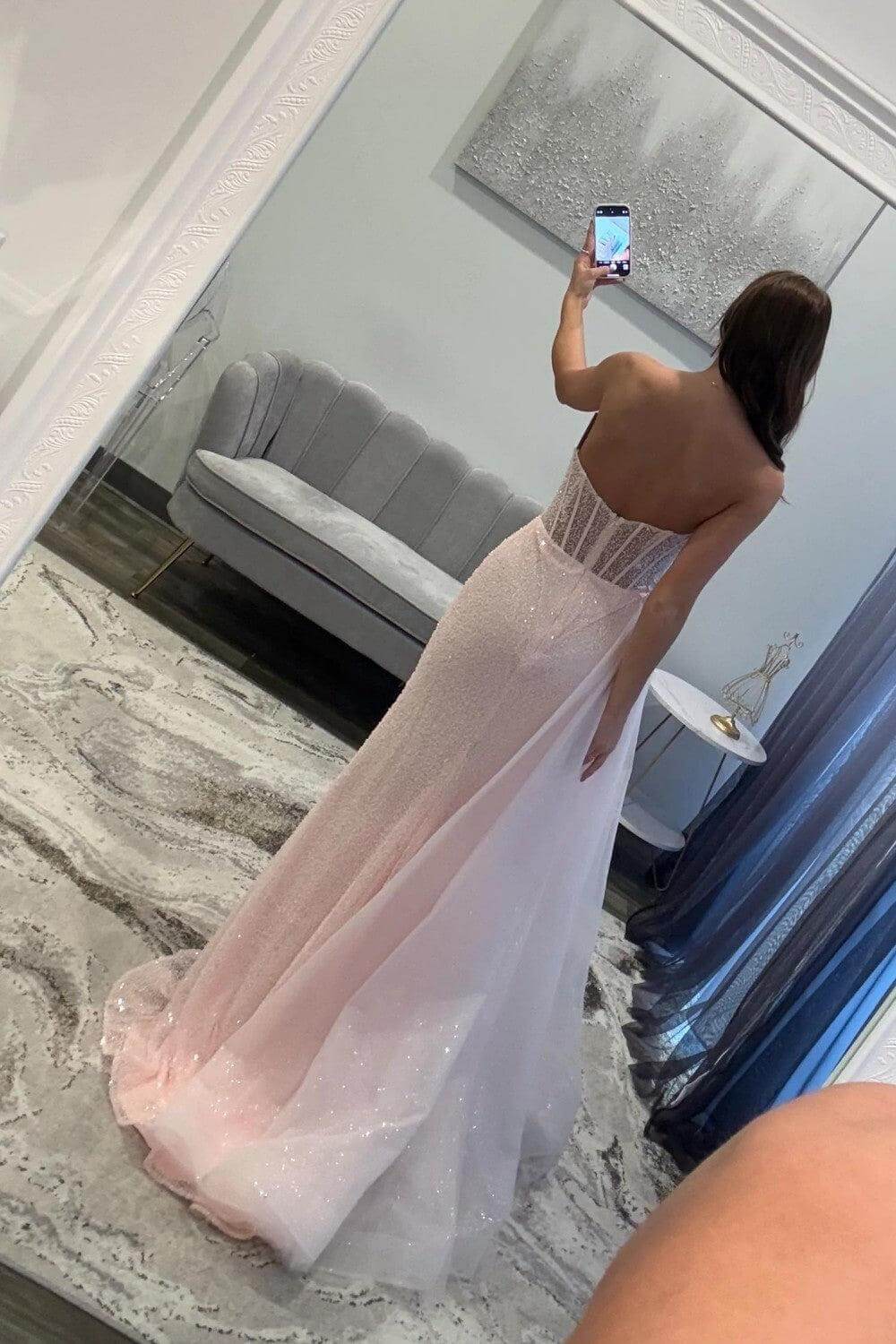 Light Pink Prom Dress Corset Tulle Long Formal Dress With Slit