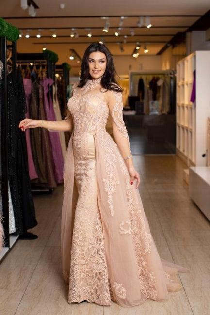 Light Pink Prom Dress Lace High Neck Long Sleeve Formal Dress With Detachable Panel Train