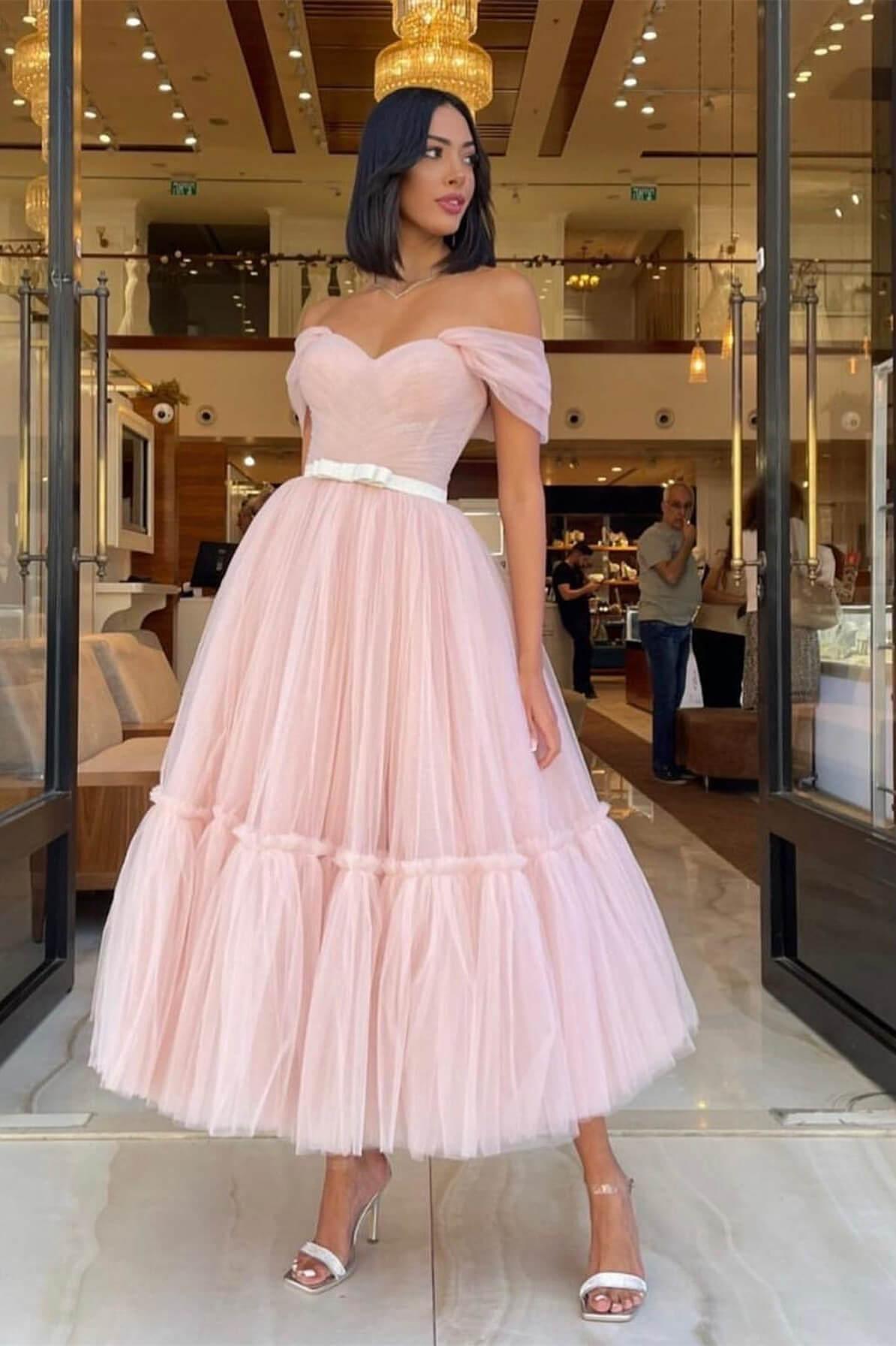 Light Pink Prom Dress Off the Shoulder Tulle Evening Formal Dress With Belts