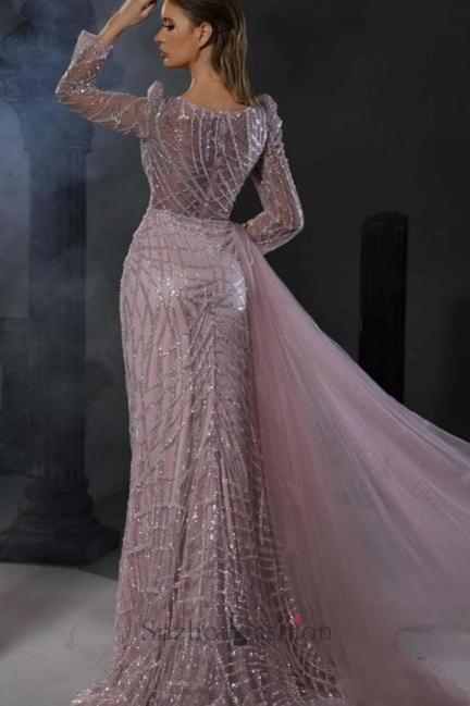Light Purple Prom Dress Mermaid Crew Beaded Sleeves Tulle Panel Train Formal Dress