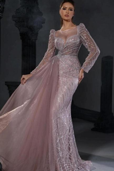 Light Purple Prom Dress Mermaid Crew Beaded Sleeves Tulle Panel Train Formal Dress
