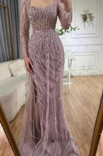 Light Purple Prom Dress Mermaid Square Sequined Sleeves Tulle Formal Dress With Slit