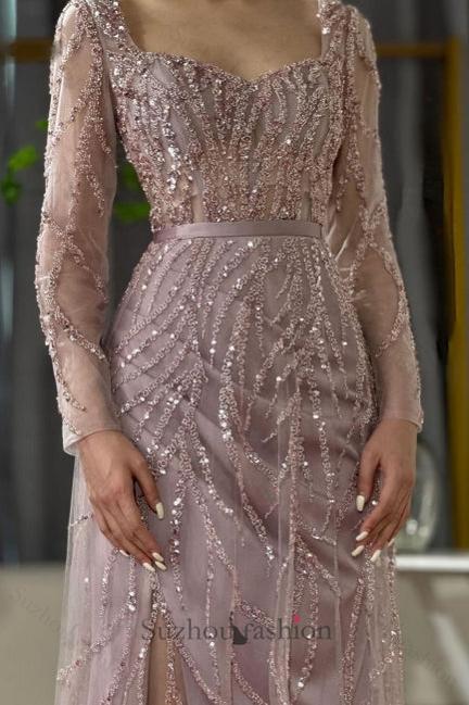 Light Purple Prom Dress Mermaid Square Sequined Sleeves Tulle Formal Dress With Slit
