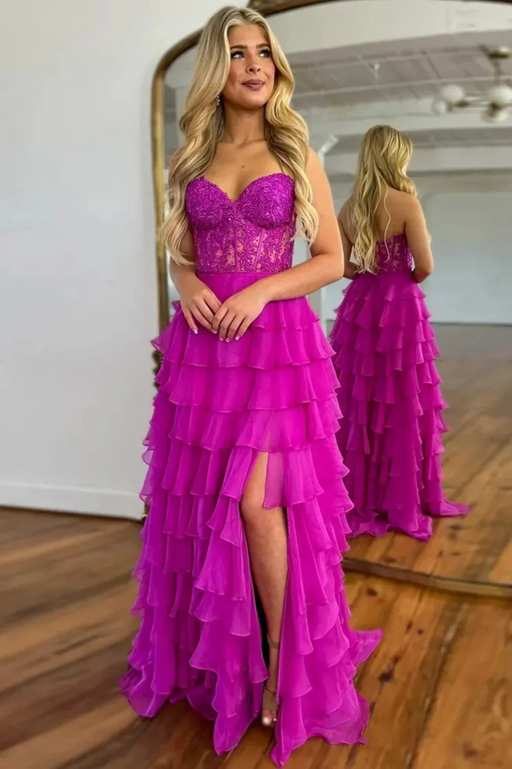 Light Blue A-Line Sweetheart Long Lace And Chiffon Prom Dress With Slit