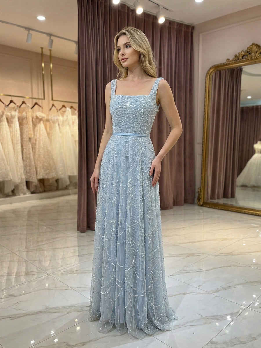 Light Blue Beaded Square Neck A-Line Long Prom Dress - VelvetHem