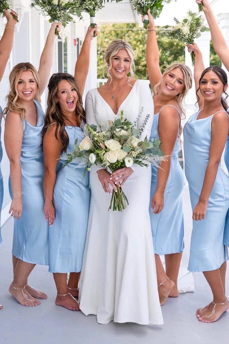 Light Blue Cowl Neck Straps Calf-Length Bridesmaid Dress (ZD12823) - VelvetHem