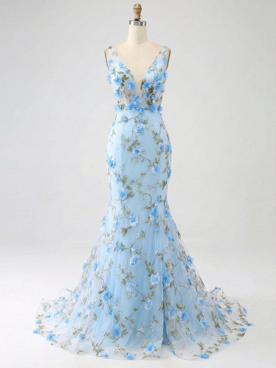 Light Blue Deep V-Neck Tulle Mermaid Prom Dress with 3D Floral Appliqu�s - VelvetHem