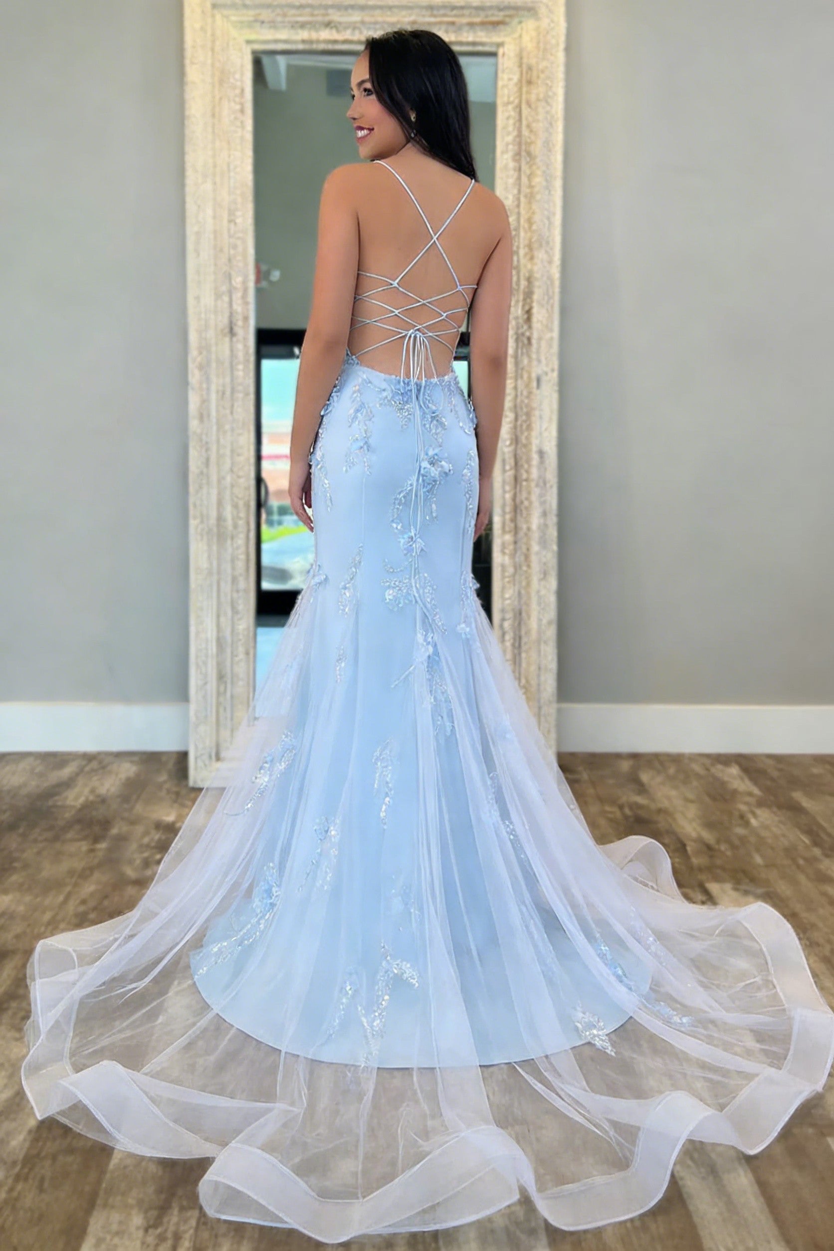 Chic Mermaid Spaghetti Straps Light Blue Mermaid Prom Dress with Tulle Train