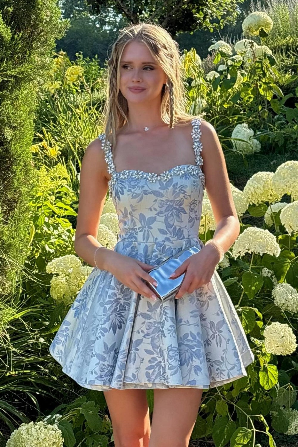 Light Blue Floral Homecoming Dress with Beaded Straps Fit and Flare Mini Dress