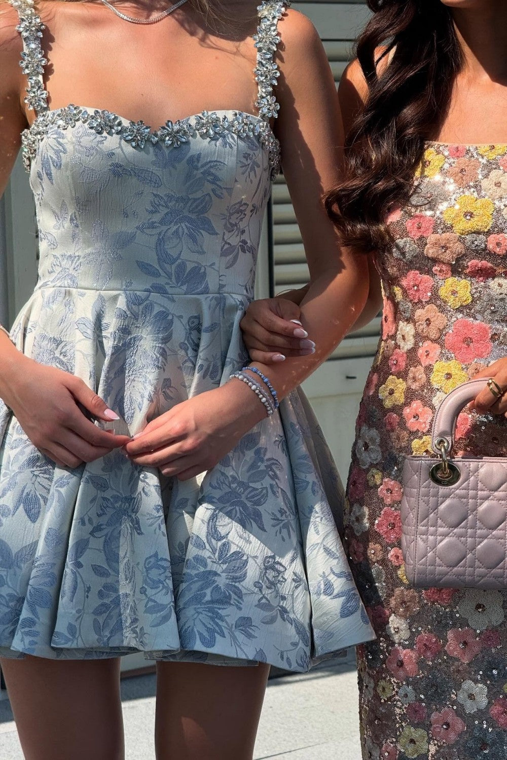 Light Blue Floral Homecoming Dress with Beaded Straps Fit and Flare Mini Dress