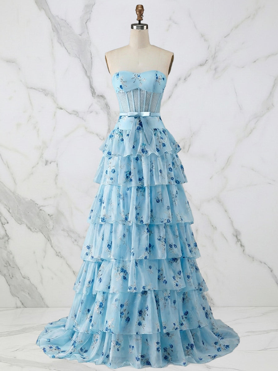 Light Blue Floral Strapless Tiered Corset Long Prom Dress - VelvetHem