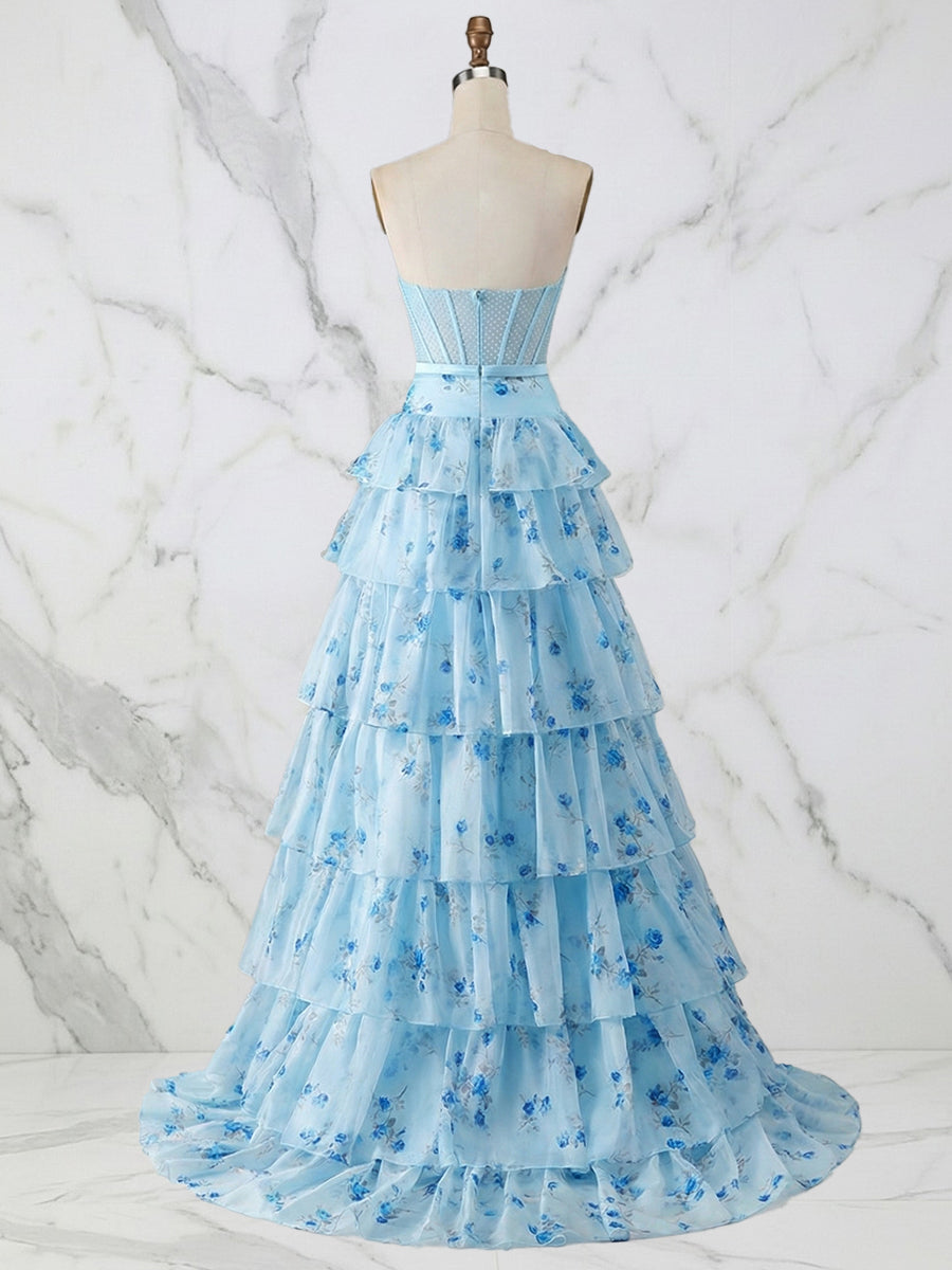 Light Blue Floral Strapless Tiered Corset Long Prom Dress