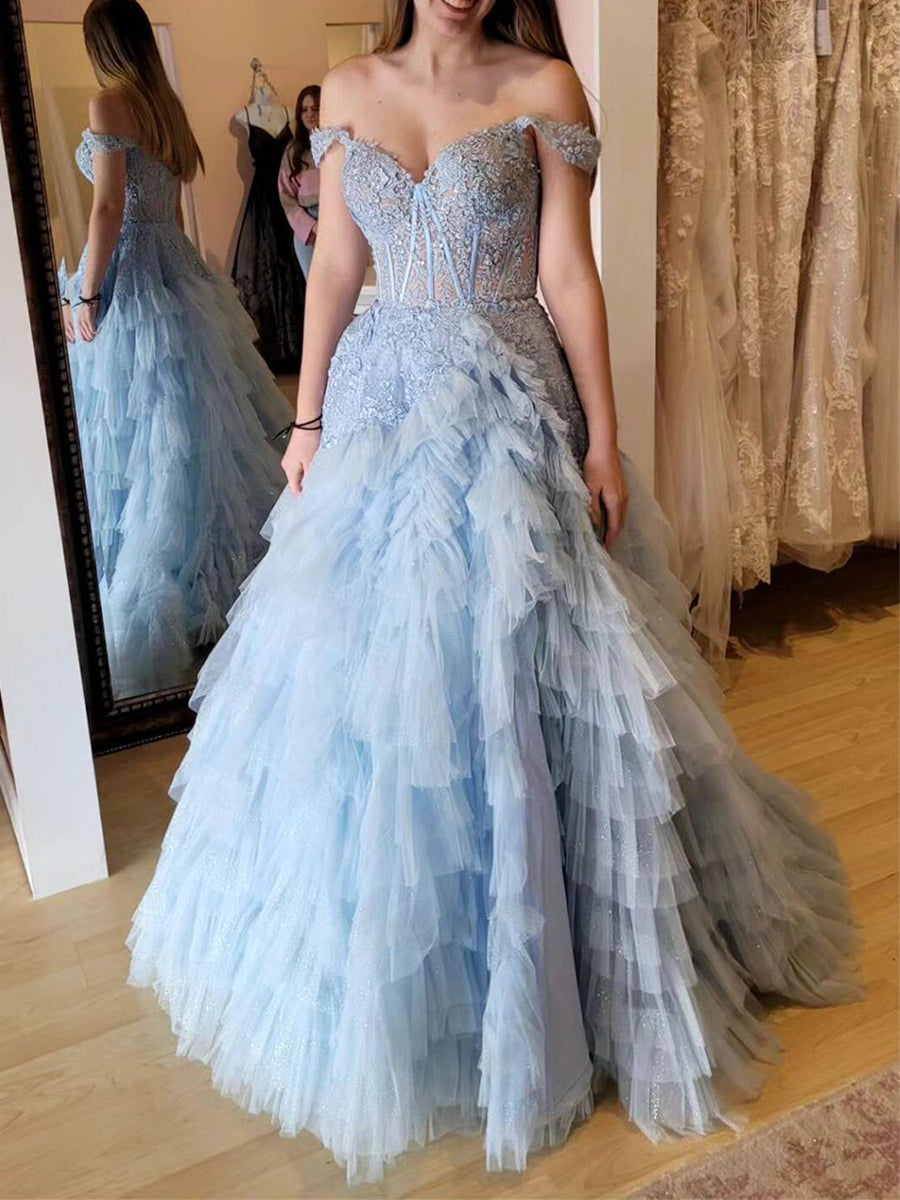 Light Blue Off The Shoulder Tiered Ruffle Corset Long Prom Dress - VelvetHem