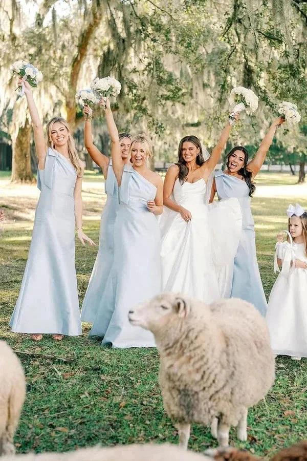 Light Blue One Shoulder Satin Sheath Long Bridesmaid Dress (ZD12843) - VelvetHem