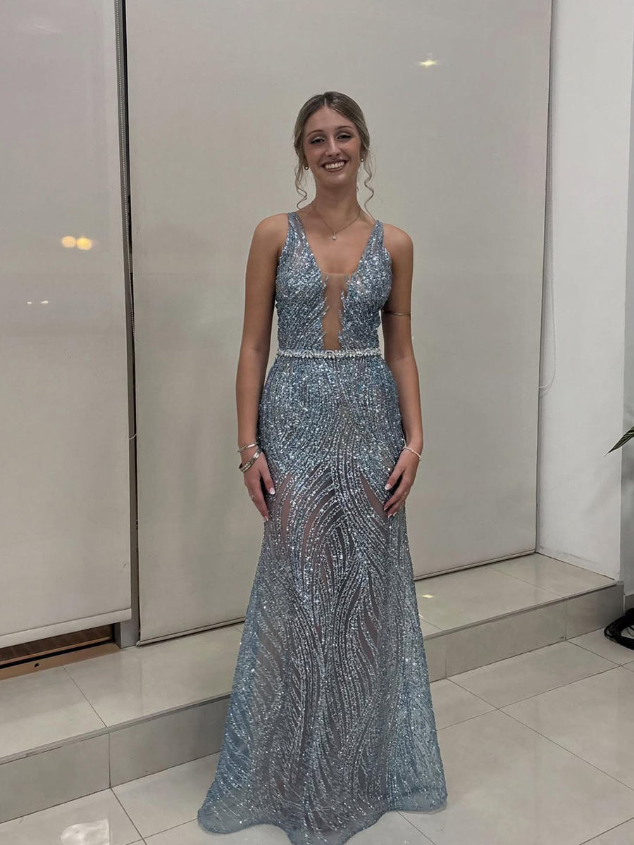 Light Blue Patterned Sequin Deep V-Neck Long Prom Dress - VelvetHem