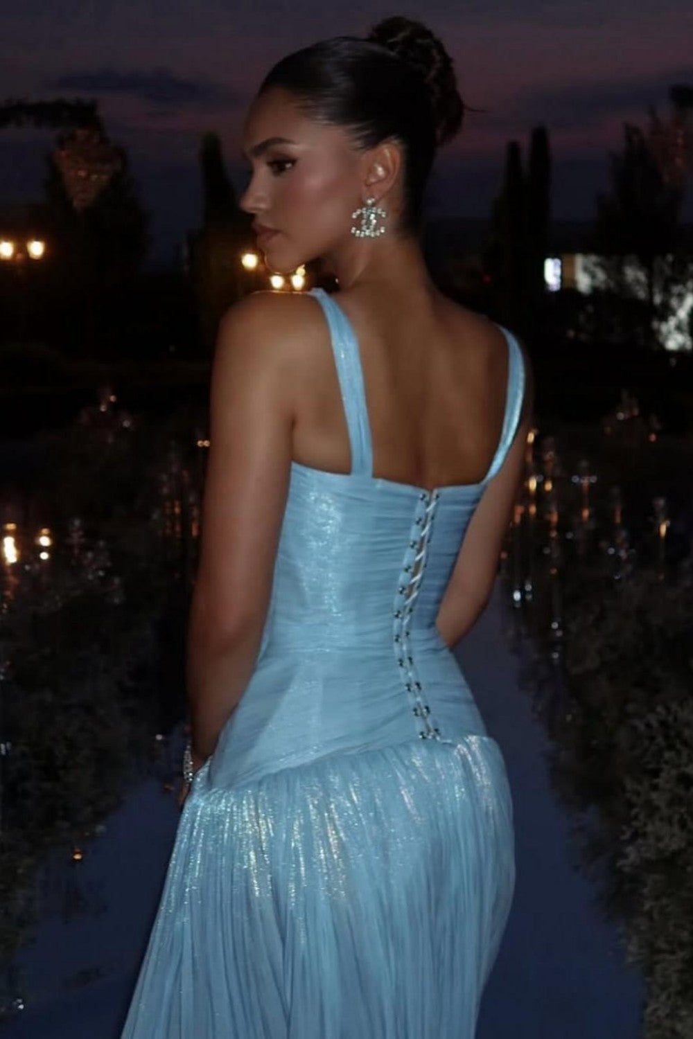 Charming A Line Light Blue Shimmer A-Line Evening Gown with Plunge Neck and Slit - View 3 | VelvetHem