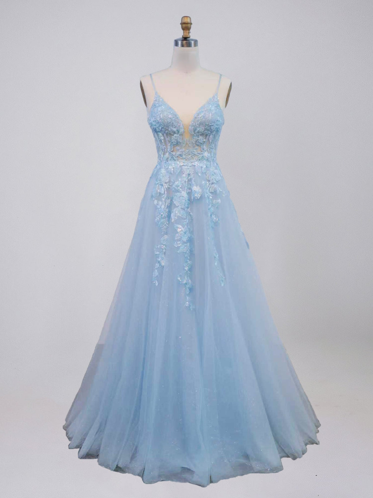 Light Blue V-Neck Tulle A-Line Prom Dress with 3D Floral Appliqu�s - VelvetHem