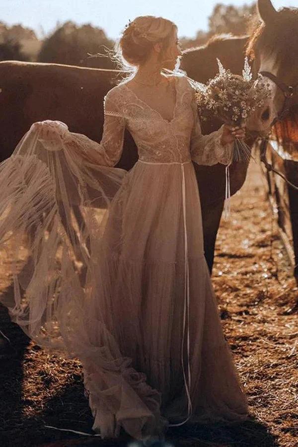 Light Brown Long Sleeve Boho Wedding Dress Rustic Wedding Dress (ZD16084)