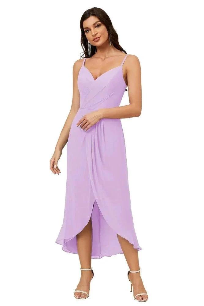 Numbersea Spaghetti Chiffon V Neck Bridesmaid Dress Mid-Length Slit Formal Prom Dress Homecoming Dress 2803 by numbersea