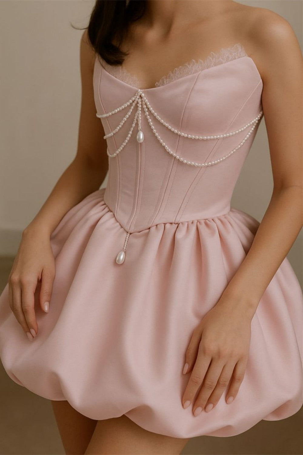 Light Pink Satin Corset Homecoming Dress with Pearl Draping and Bubble Skirt