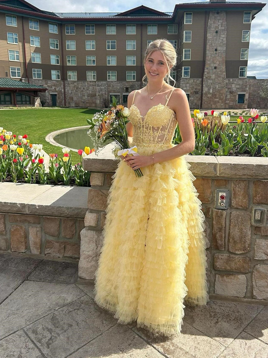 Light Yellow Tiered Ruffled Tulle Long Prom Dress - VelvetHem