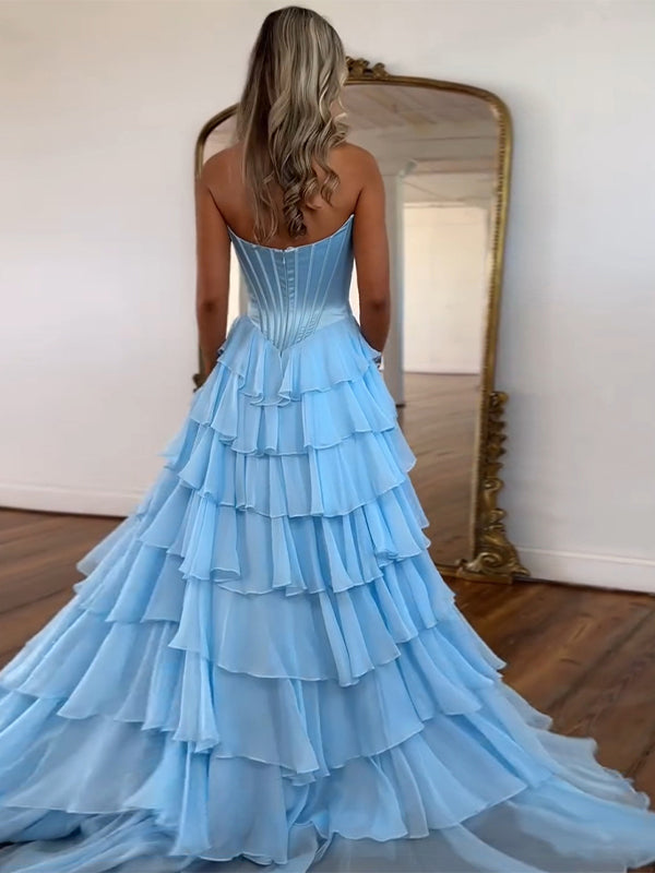Yellow A Line Strapless Satin Corset Long Prom Dress with Ruffle Skirt