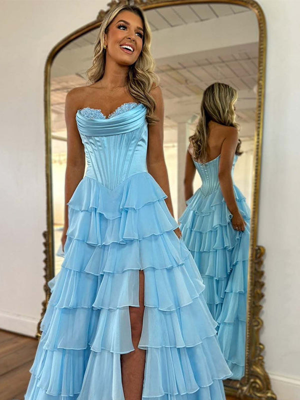 Yellow A Line Strapless Satin Corset Long Prom Dress with Ruffle Skirt