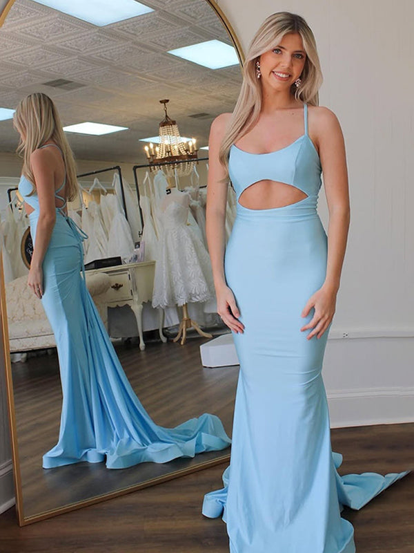 Light Blue Mermaid Long Scoop Neck Satin Long Prom Dress - VelvetHem