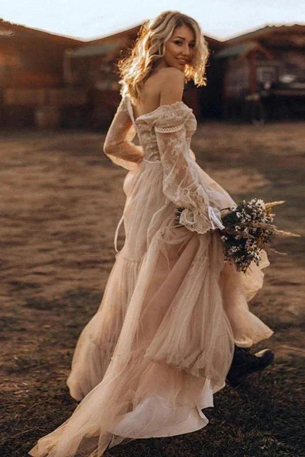 Light Brown Long Sleeve Boho Wedding Dress Rustic Wedding Dress (ZD16084) - VelvetHem