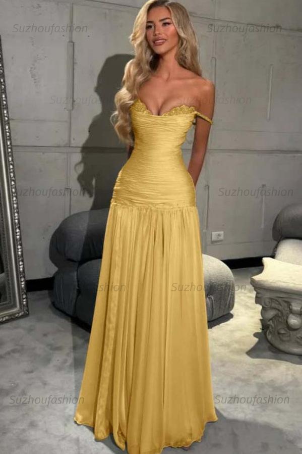 Off The Shoulder Prom Dress Sleeveless Pleated A Line Formal Evening Gown