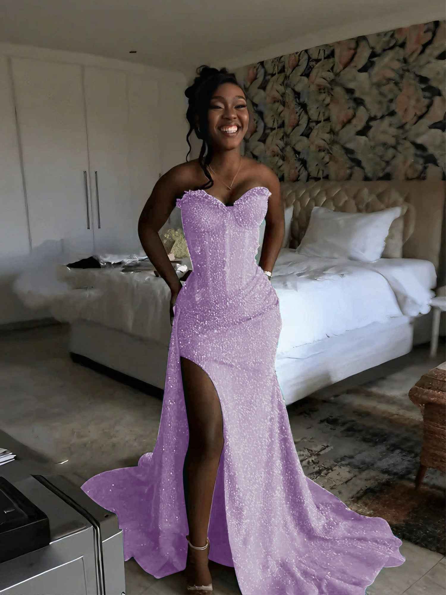 Glitter Strapless Mermaid Sequined Long Prom Dress with Slit (ZD17399)