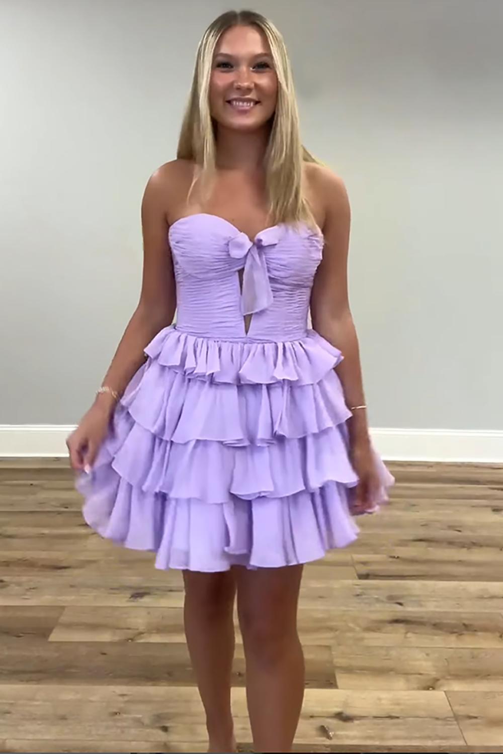 Lilac A Line Homecoming Dresses Tulle Sweetheart Tiered Cocktail Dresses