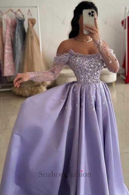 Lilac Prom Dress A Line One Shoulder Beaded Satin Formal Dress With Pearls And Rhinestones