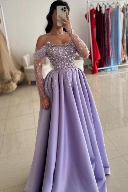 Lilac Prom Dress A Line One Shoulder Beaded Satin Formal Dress With Pearls And Rhinestones