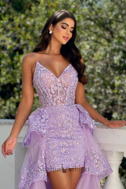 Lilac Prom Dress A Line Spaghetti Strap Sleeveless Lace Panel Train Hi Lo Tulle Formal Dress With Appliques