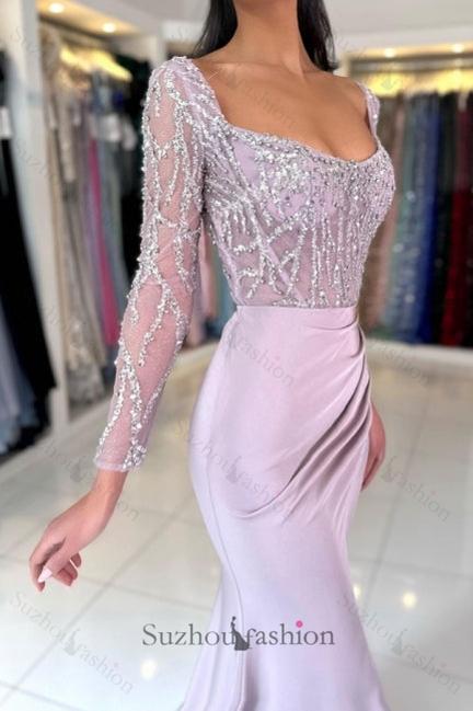 Lilac Prom Dress Mermaid Square Sleeves Sequined Satin Formal Dress With Slit