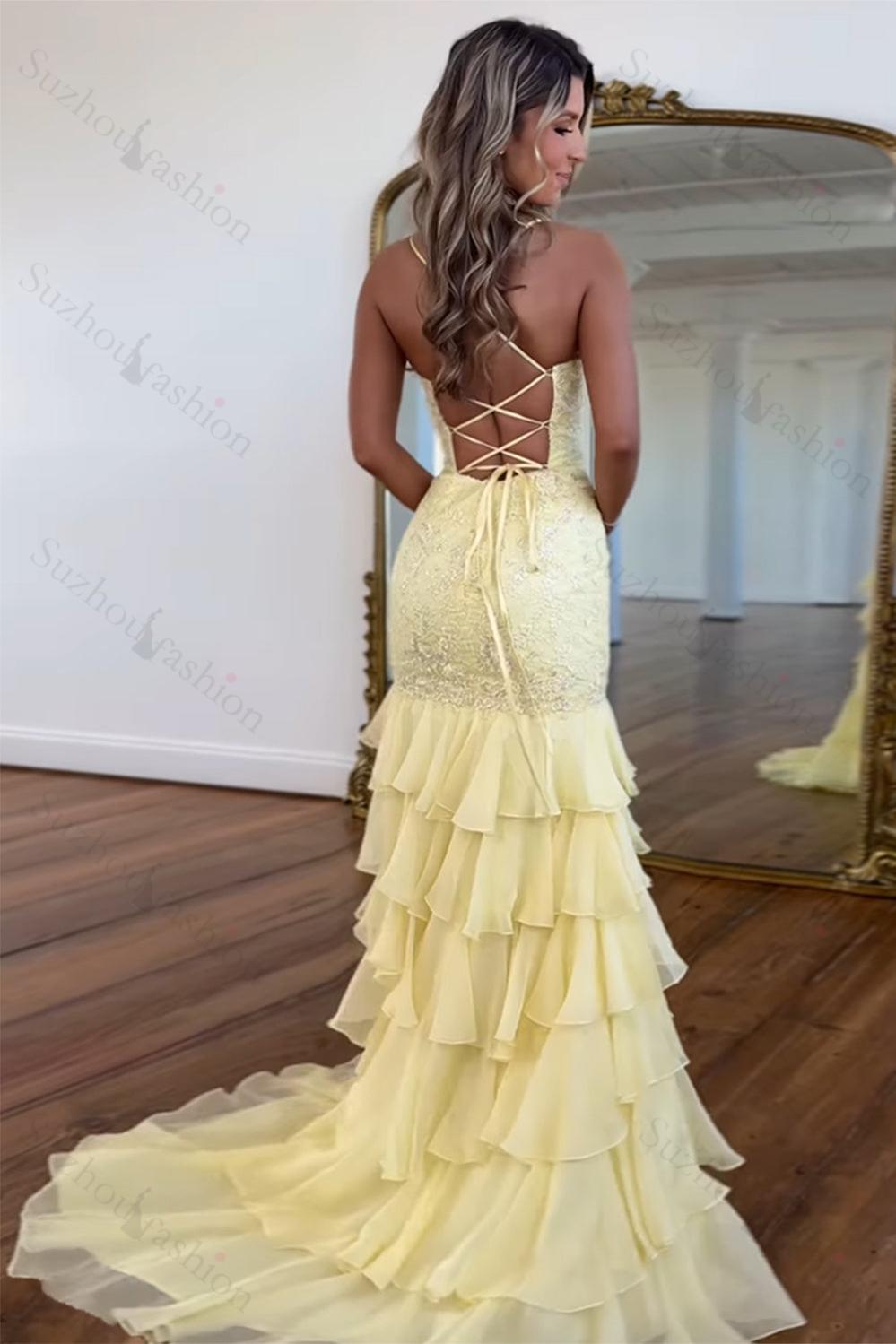 Lilac Prom Dress Ruffled Lace Formal Dress With Slit