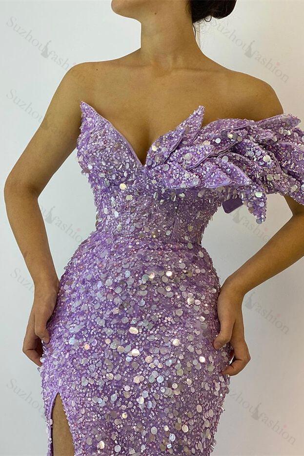 Lilac Prom Dress Sequined Off the Shoulder Mermaid Evening Formal Dress With Split