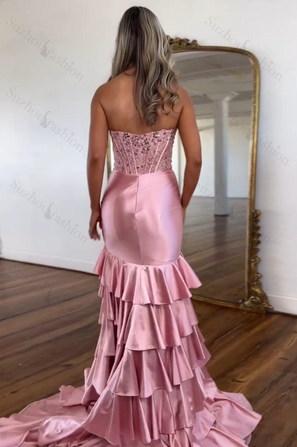 Lilac Prom Dress Tiered Mermaid Long Corset Formal Dress With Slit