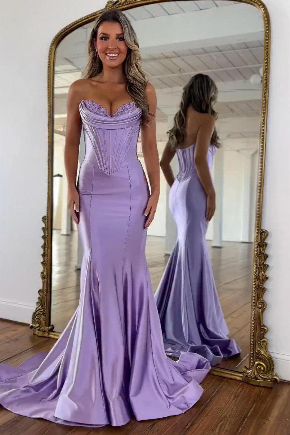 Suzhoufashion Lilac Satin Strapless Mermaid Prom Dress With Structured Corset Bodice Formal Evening Gown