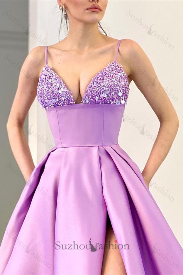 Lilac Spaghetti-Straps Sleeveless Evening Prom Dresses Split Long With Sequins