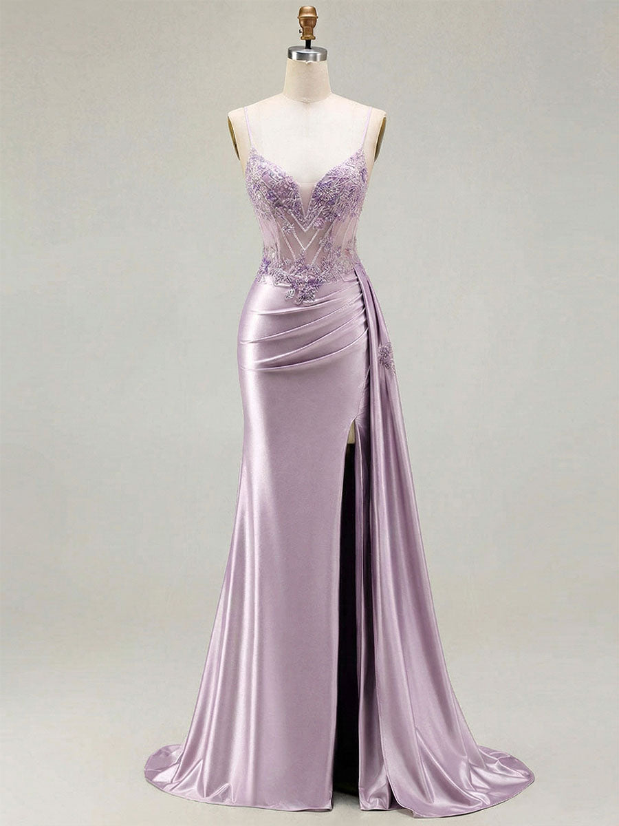Lilac Beaded Corset Satin Long Prom Dress with High Slit - VelvetHem