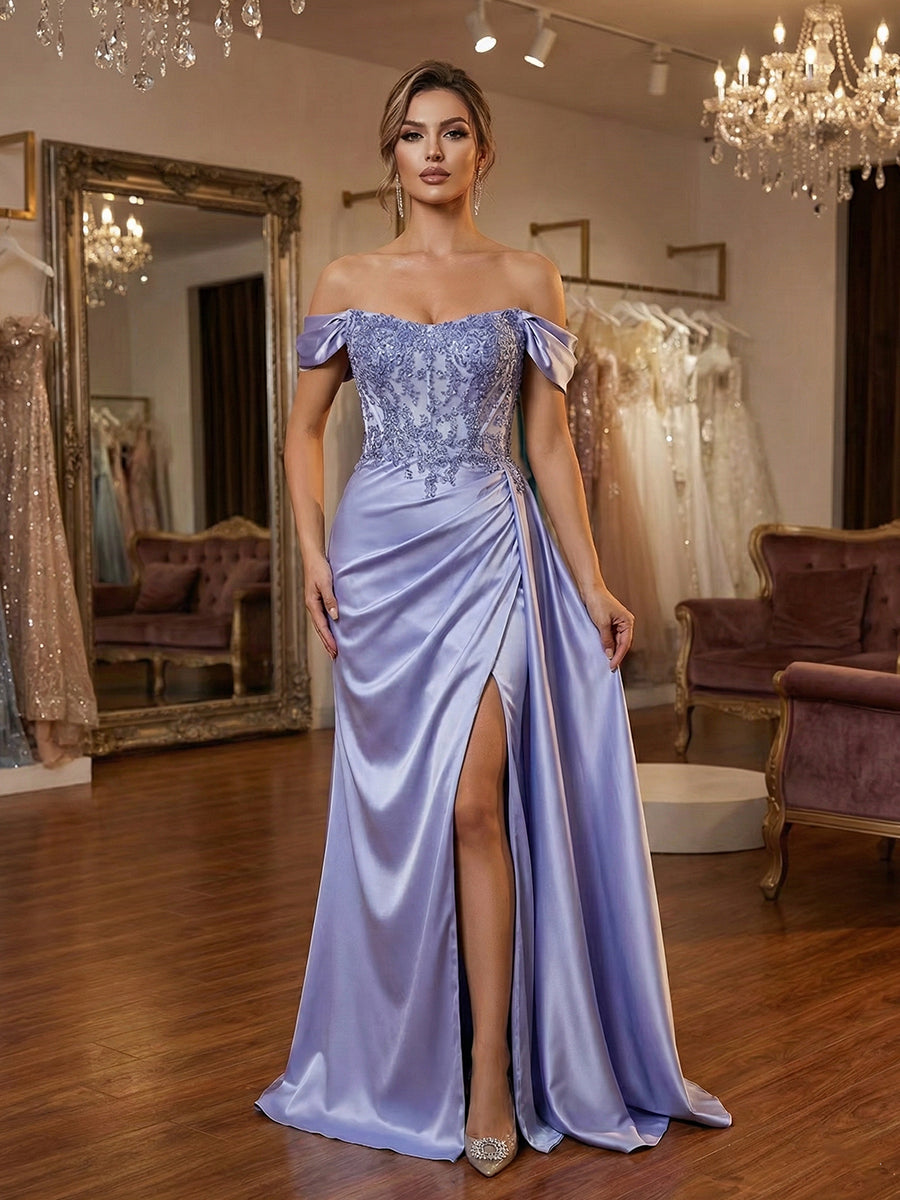 Lilac Off-Shoulder Lace Applique Satin Long Prom Dress with Slit - VelvetHem