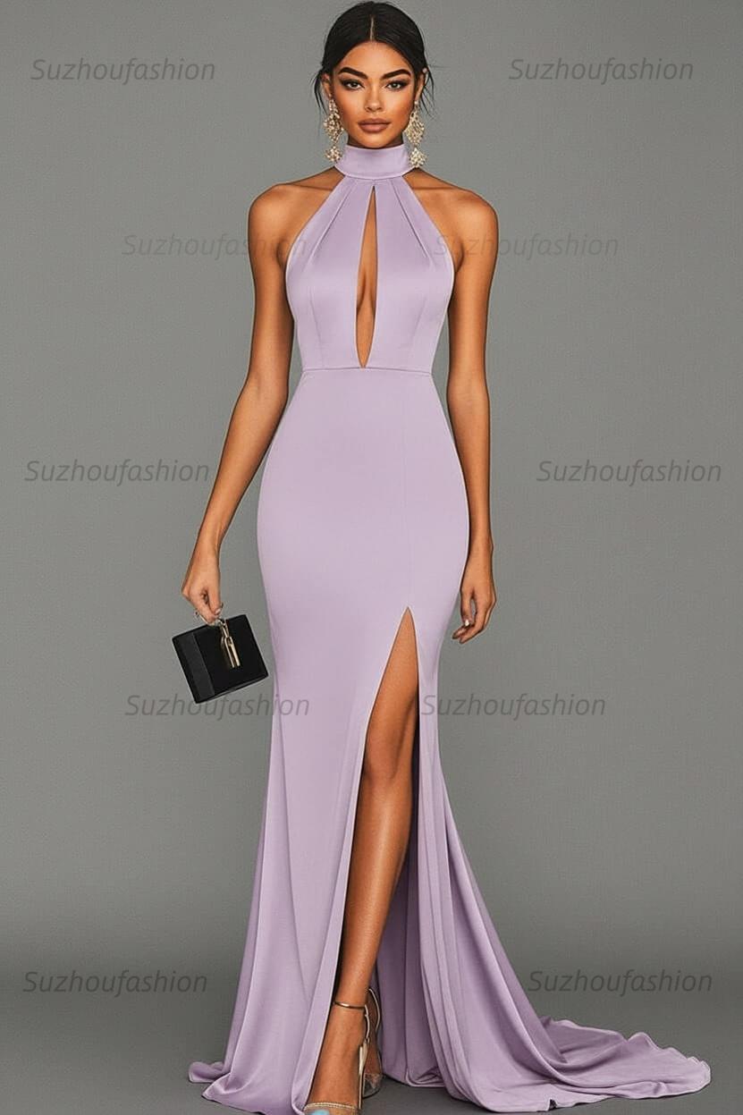 Satin Black Wedding Guest Dress Mermaid Halter Neck Formal Dress