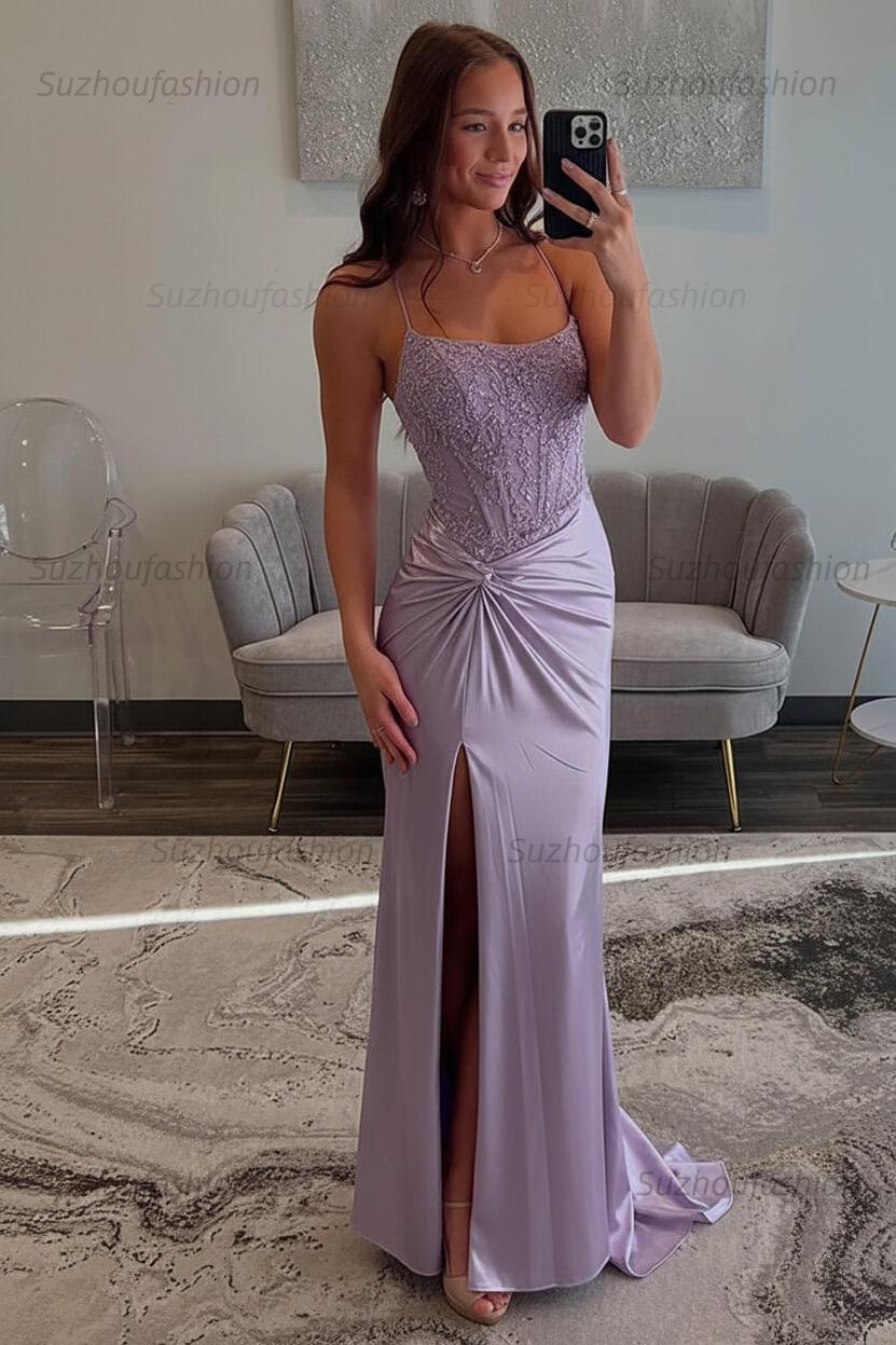 Red Prom Dress Spaghetti Straps Ruhed Long Lace Formal Dress With Appliques