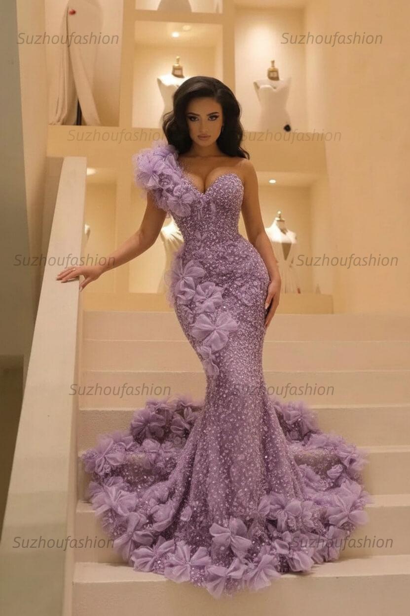 Burgundy One Shoulder Prom Dress Mermaid Sequined Formal Evening Dress with 3D Flowers