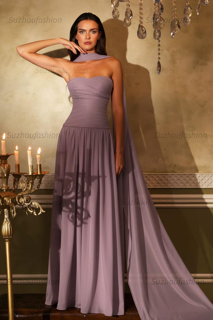 Chiffon Strapless Sleeveless Long Evening Formal Dress With Ruffled Pleated