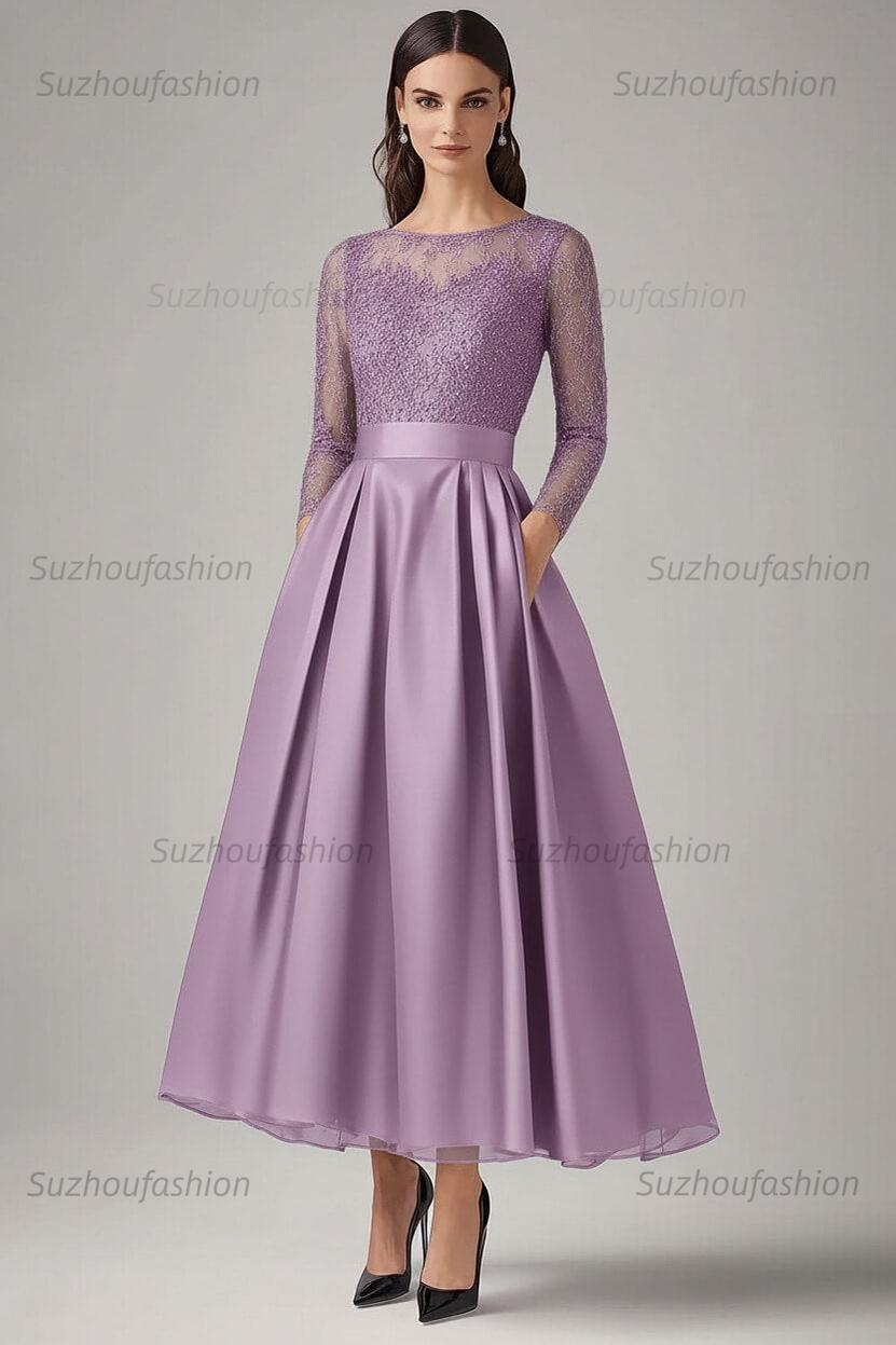 Navy Wedding Guest Dress Beaded A Line Long Sleeves Formal Dress With Lace