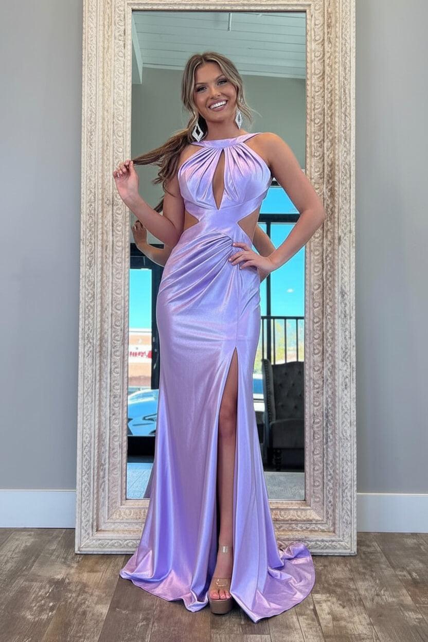 Suzhoufashion Stylish Fuchsia Metallic Mermaid Prom Dress With Slit And Open Back Formal Evening Gown